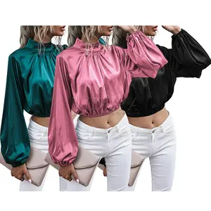 Top quality Satin Loose Solid Long Lantern Sleeve Women Top Lady Blouse Casual women blouse top tunic