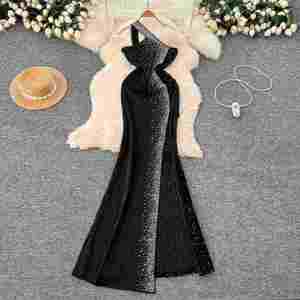 Vestido Midi Bodycon Casual con Abertura Sexy, Estampado Digital, Tejido Ecológico, Lavable, para Mujer, Cintura Imperio, Negro, Fiesta, Invierno - Product Image 1