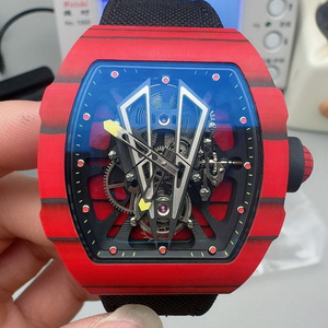 Montre squelette de luxe pour homme, style carbone rouge, forme tonneau, mécanique 27-03, avec cadran inspiré de la raquette de tennis - Product Image 1
