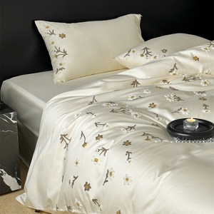 Satin Long Staple Cotton Four Piece <b>Bedding</b> <b>Set</b> Floral Embroidery Pastoral Style Breathable Duvet Cover Sheets 100 Count - Product Image 2