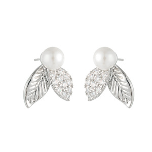 Double Leaf Pearl Stud <b>Earrings</b> With Micro Pave Zircon 925 Silver <b>Posts</b> For Everyday Wear - Product Image 5