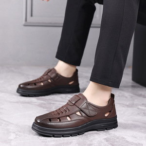 Sandalias de cuero casuales para hombre con punta redonda, suela de goma, entresuela de EVA, estilo veraniego. - Product Image 4