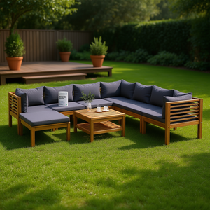 Ensemble de salon en bois d'acacia gris foncé 10 places, mobilier de jardin extérieur, design contemporain, résistant aux intempéries - Product Image 2