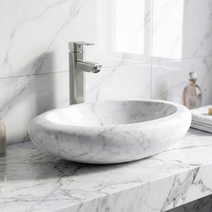 Lavabo ovale en marbre blanc poli pour salle de bain, vasque de comptoir en pierre pour hôtel et appartement - Product Image 1