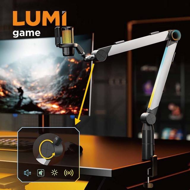 MDS20-1L New Function RGB Lighting Microphone Boom Arm Stand Adjustable Desktop Mic Holder Aluminum Microphone Mount for Gaming