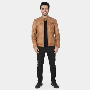 Classic College Style Vintage Varsity Leather <b>Jacket</b> Stand Collar Hooded Breathable for Brown Dark Brown for Men - Product Image 1