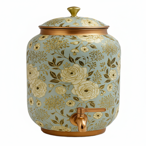 Grand distributeur d'eau en cuivre avec fond bleu clair et élégant motif rose blanc et or, disponible au prix de gros. - Product Image 1