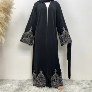 时尚蕾丝阿巴亚手工刺绣新设计睡袍穆斯林奢华女式开衫长裙