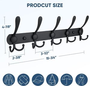 Porte-manteau <span class=keywords><strong>mural</strong></span> noir en acier inoxydable avec 5 crochets triples pour suspendre les serviettes, les sacs, les chapeaux, salle <span class=keywords><strong>de</strong></span> bain, entrée - Product Image 2