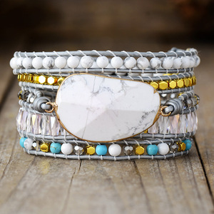 Pulsera de Moda con Cuentas de Piedra Natural, Hecha a Mano, Tejida, Multicapa, Color Blanco Pino, Diseño Geométrico - Product Image 1