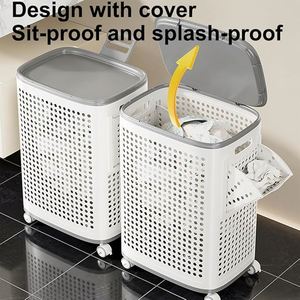 <b>Plastic</b> Laundry <b>Basket</b> with Lid and Wheels, Clothes Hamper with Side Compartments and Brakes, Portable Laundry Hamper on Wheels - Product Image 5