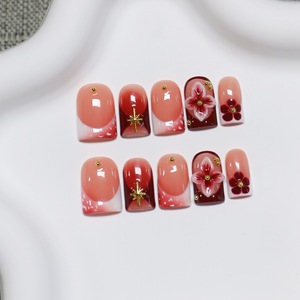 Uñas Postizas Cuadradas Rojas con Puntas, Hechas a Mano, 10 Piezas, con Estrellas Doradas y Bloques <span class=keywords><strong>de</strong></span> <span class=keywords><strong>Vino</strong></span>, Flores 3D, Set <span class=keywords><strong>de</strong></span> Uñas Adhesivas Cortas Cuadradas - Product Image 4