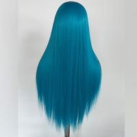 Wig Rambut Lurus Panjang Wanita Warna Biru 13x4 High-end, Terbuat dari Rambut Sintetis Tahan Panas, dengan Lace Crochet di Bagian Depan.