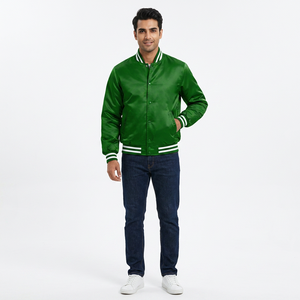 Blouson Bomber Classique en Satin pour Homme – Collection Vert, Bleu, Noir – Bordure Côtelée Rayée, Boutons Pression, Style Sportif Letterman - Product Image 1