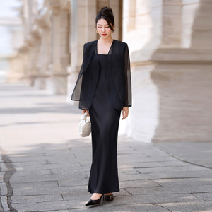 Molina Black Dress and Jacket <b>Set</b> | Elegant Long-Sleeve <b>Blazer</b> with Straight-Cut Camisole Dress | Formal <b>Women's</b> Outfit - Product Image 5