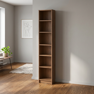 Étagère à livres moderne en teck à 6 niveaux avec des étagères ouvertes géométriques fines - Product Image 1