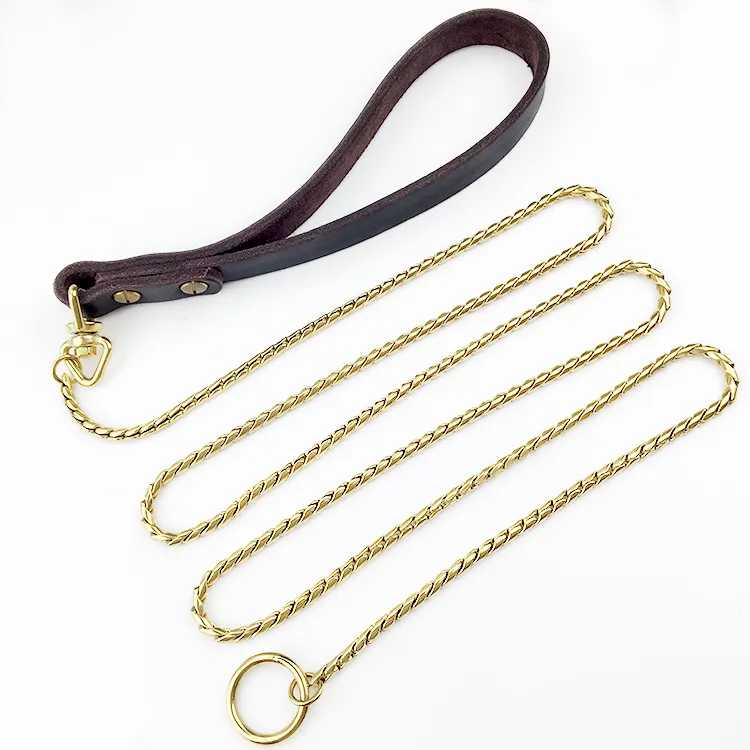 Factory Hot Sale Stainless Steel P Chain Dog Collar Leash Rose Gold Choke Chains Dog Lead with Genuine Leather Handle