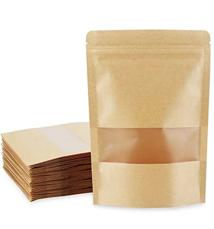 #7 Cheap Price Stand Up Brown Kraft Paper Resealable Zip lock Heat Sealable Food Storage Packet With Matte Window Doypack Pouch