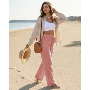 FOXA Pantalones de lino para mujer, cintura alta, con cordón, corte holgado, pierna recta, pantalones de verano con bolsillos laterales, transpirables - Product Image 2