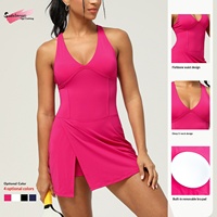 Nouvelle Robe de Sport Unie Grande Taille à Séchage Rapide, Respirante, Sexy, à Fente, Dos Nu, Col Halter, Ensemble de 10 Pièces, Jupe de Yoga, Tennis, Course Urbaine