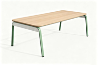 Table de formation rectangulaire moderne avec plateau en noyer foncé, structure en métal vert, bords arrondis, bureau de conférence, salle de réunion Yeddkin