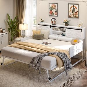 <span class=keywords><strong>Cama</strong></span> <span class=keywords><strong>nido</strong></span> doble estilo rústico con <span class=keywords><strong>cama</strong></span> <span class=keywords><strong>nido</strong></span> extraíble, estructura metálica, cabecero con librero, estación de carga y almacenamiento con puerta corredera tipo granero para dormitorio o almacén - Product Image 3