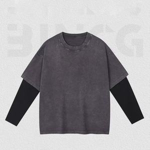 เสื้อเชิ้ตแขนยาวผู้ชายสไตล์เท่ห์ แบรนด์แฟชั่น ดีไซน์สองชิ้นหลอกๆ ผ้าคอตตอนแท้ 250 กรัม ตัดต่อสีสัน สไตล์สตรีทแวร์ - Product Image 5