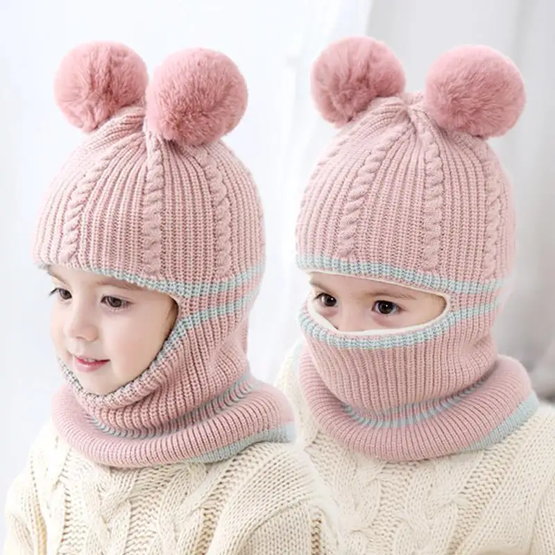 Children's Boys Girls Baby Hat Plus Velvet Thick Warm Woolen Bibs Face Caps Winter Hats For Babies