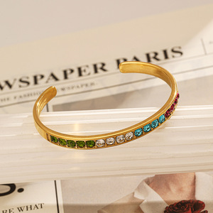 Brazalete de Acero Inoxidable con Circonitas de Colores, Bañado en Oro de 18k, Engaste de Canal, Cristales de Estrás, para Uso Diario Femenino - Product Image 2