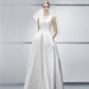 맞춤형 화이트 웨딩드레스 우아한 이브닝드레스 신부 가운 A라인 민소매 스윕 트레인 새틴 브라이덜 드레스 포켓 포함 - Product Image 3