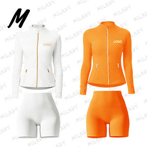 Setelan Olahraga 2 Potong Slim Fit Elastis Tinggi dengan Logo Kustom, Jaket Ber-Resleting dan Setelan Celana Pendek untuk Pakaian Wanita 2025 - Product Image 3