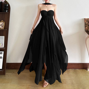 Robe longue en mousseline de soie à bretelles françaises, sexy, dos nu, irrégulière, à volants - Product Image 4