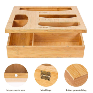 Customized natural bamboo made eco friendly durable ziplock bag storage openable top lid plastic bag organizer and dispenser