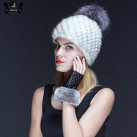 100% Nerz Pelz Strick mütze Frauen Winter Warm Pom Pom Hut Echte Waschbär Pelz Ball Outdoor Ski Mädchen Mode Mütze