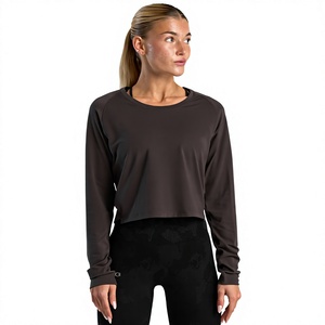 Top Corto de Manga Larga para Mujer, Cuello Redondo, Color Sólido, Secado Rápido, Tejido de Poliéster, Ropa Casual para Todas las Temporadas - Product Image 1