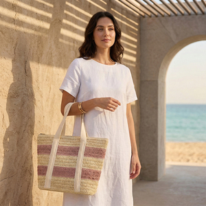 Bolso Tote de Paja Tejido a Mano Premium con Logotipo Personalizado SHINY, con Asa de Cinta a Rayas, para Compras, Vacaciones de Verano y Playa - Product Image 2