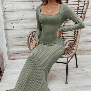 Vestidos de punto acanalado de manga larga con cuello cuadrado y dobladillo de cola de pez de color liso, estilo temperamental, para mujer, novedad 2024, personalizados al por mayor - Product Image 4