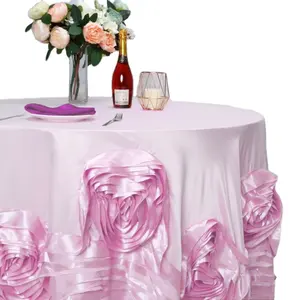 Hot Selling 120'' Round Fancy Luxury Table Cloth With Large Rosette Satin Flower