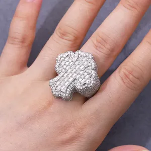 热卖十字戒指镀金925纯银D色VVS含沙石男士钻石戒指