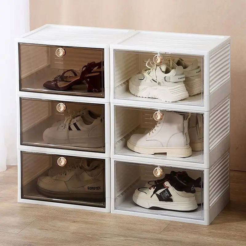 3 Schichten durchsichtiger Sneaker-Schuh-Vorführbeutel stapelbarer transparenter plastischer quadratischer faltbarer Schachtel, abnehmbarer faltbarer Schuhkarton