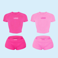 Ensemble de yoga et de détente 2 pièces pour femme, été, uni, brodé, coupe ajustée, au-dessus du genou, en coton et élasthanne, avec t-shirt à manches courtes et short