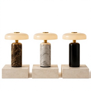 Lampe de table moderne en forme de champignon, lampe de chevet à commande tactile avec abat-jour en verre beige et base en marbre de luxe, lampe de bureau décorative protectrice pour les yeux - Product Image 1