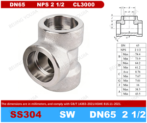 ASME B16.11 SS304 Sokkellasschacht CL3000 Hoge Druk Gesmeed Glad Oppervlak Pijpfitting DN65 NPS 2 1/2" |   ASTM A182 F304 - Product Image 2