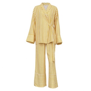 Completo Casual da <span class=keywords><strong>Donna</strong></span> in Cotone e <span class=keywords><strong>Lino</strong></span> a Due Pezzi, Giallo a Righe, Elegante Set da Casa con Camicia a Maniche Lunghe e <span class=keywords><strong>Pantaloni</strong></span> <span class=keywords><strong>Larghi</strong></span> a Vita Alta - Product Image 2