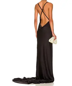 Personalizado Sexy Cross Back Bias vestido en negro Maxi Slip vestido de noche para las mujeres