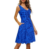Robe d'été vintage bleue pour femme, col carré, bretelles spaghetti, coupe évasée, sans manches, motif Tapa Hawaïen, style urbain, écologique, pour la plage