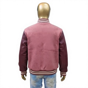 Nabtay Sports Pink Varsity Jacket Maroon Leather Sleeves <b>Covered</b> <b>Button</b> Collar Full Sleeve Regular Fit Winter High Street Wool - Product Image 2