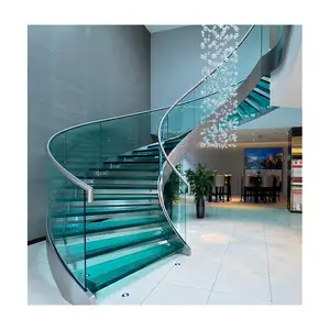 Double Beam Stringer Powder Coated Wood Handrail Clear Glass Stair Railing Metal Wood Structure Curved Staircase