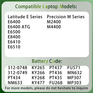 Batterie d'ordinateur portable de haute qualité PT434 KY265 312-0748 312-0749 pour <span class=keywords><strong>Dell</strong></span> Latitude E6400 E6500 E8400 E6410 E6510 Precision M2400 <span class=keywords><strong>M4400</strong></span> - Product Image 2