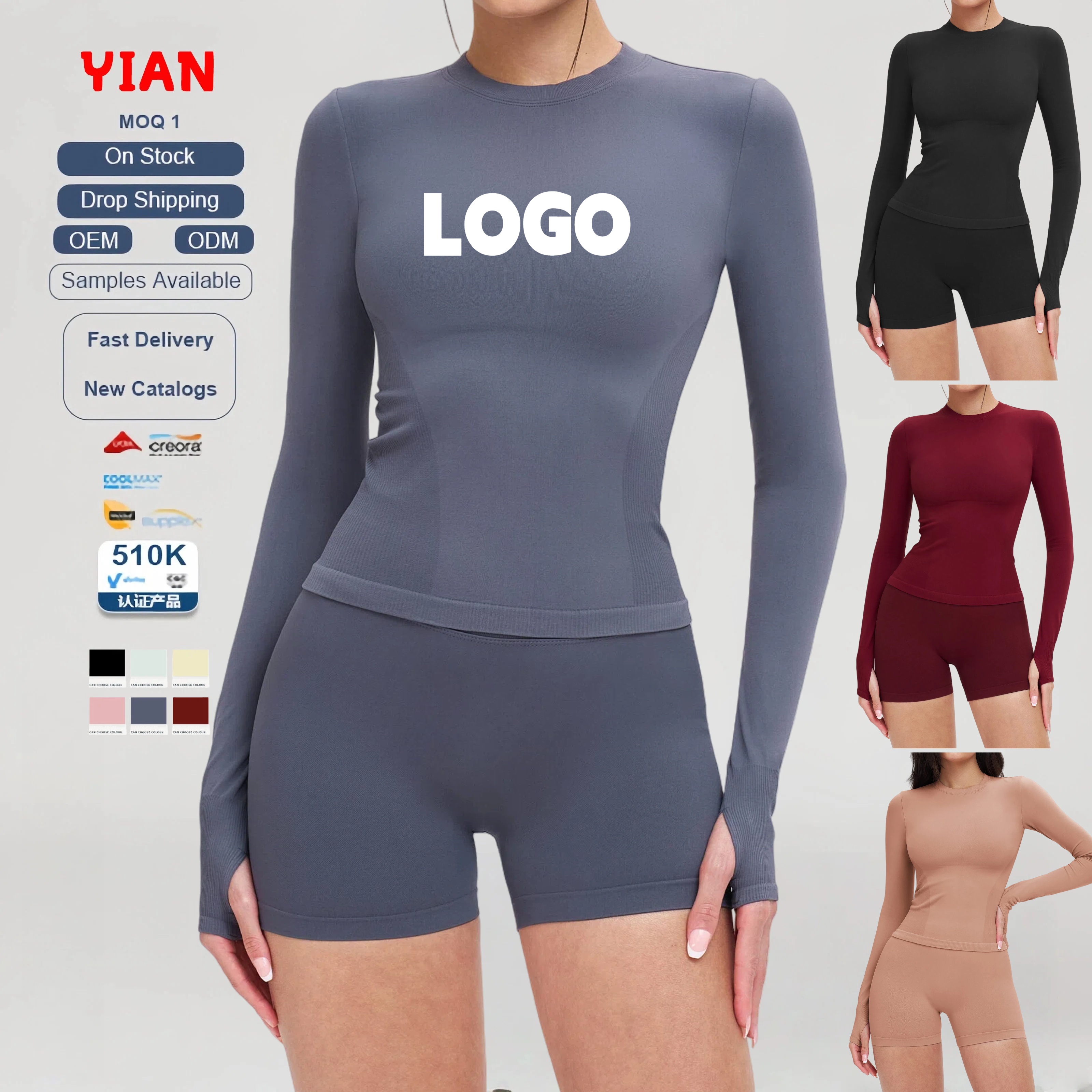 New Fashion Seamless Round Neck Long Sleeves Top Solid Color High Waist Push Hip Yoga Set Breathable Quick Dry Sports Clothing